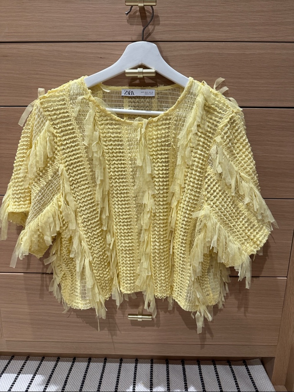 Zara Light Yellow Fringe Knit Short Sleeve Top